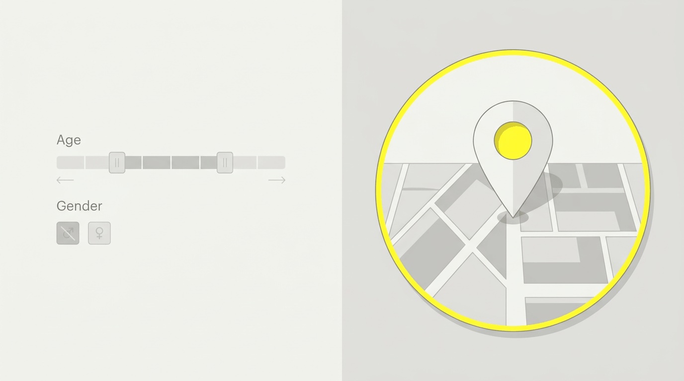 Os filtros demográficos como a idade e o género esbatem-se, enquanto a segmentação por localização com um raio à volta do bairro continua ativa.